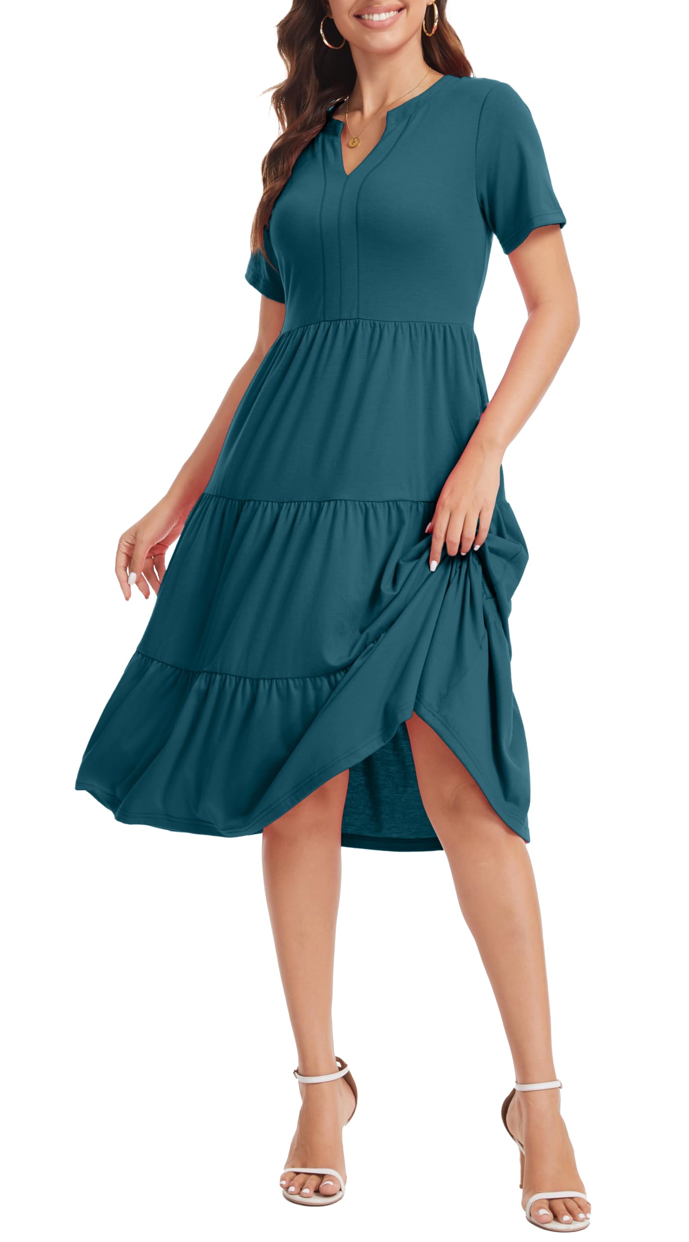 Jeqeocafy Women's V Neck Dress 2026 Lounge Fashion Casual Loose Fit Flowy Swing Tiered Vacation Dresses