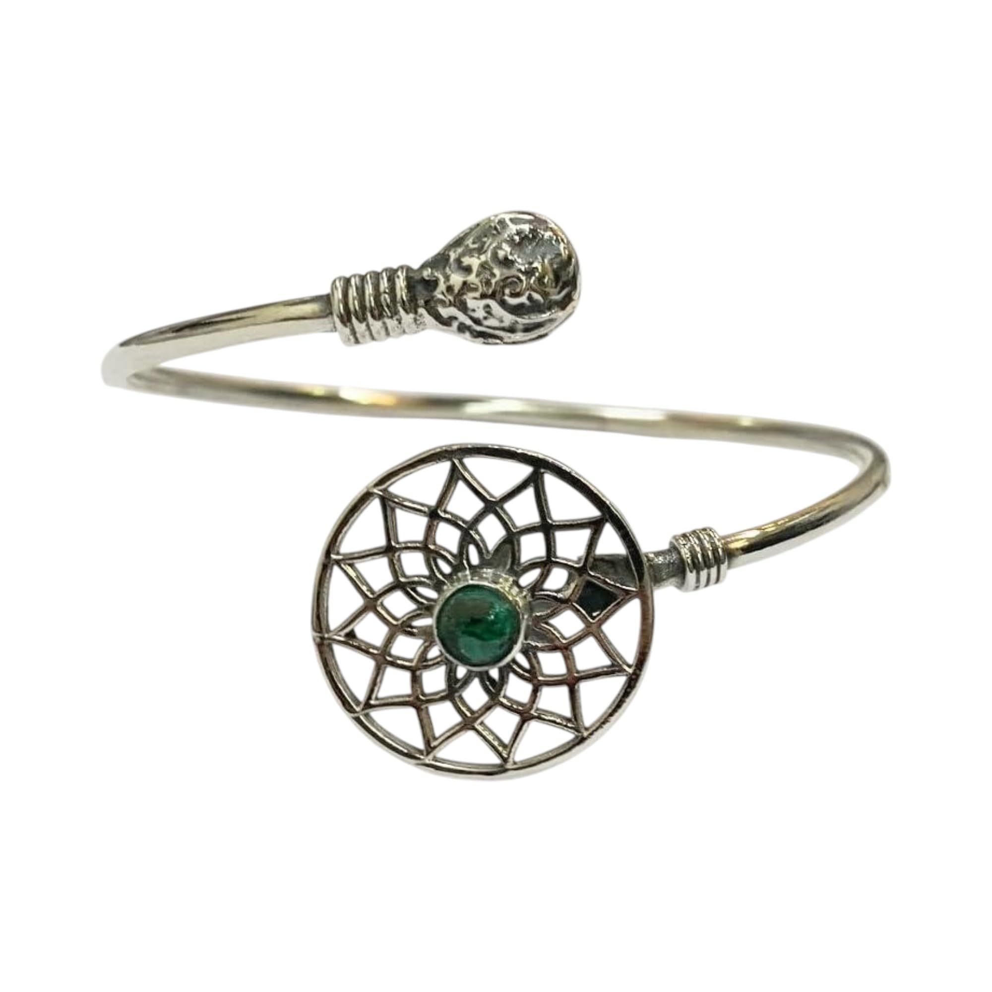 VIE Silver Plated Adjustable Dreamcatcher Cuff Bangle, Malachite