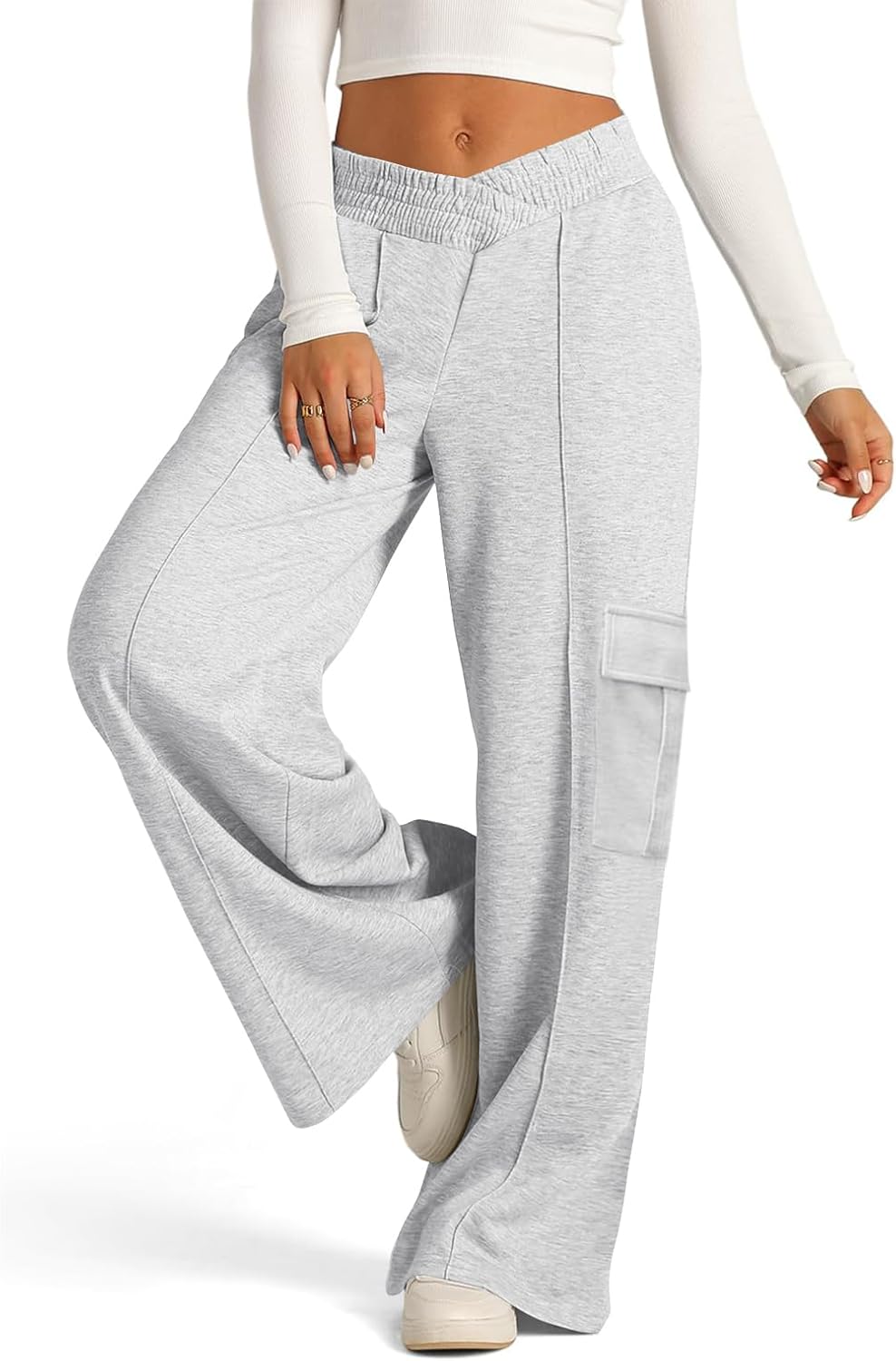 Wide Leg Sweatpants Women Crossover High Waisted Y2k Baggy Cargo Sweatpants Casual Cotton Yoga Pants with Pockets