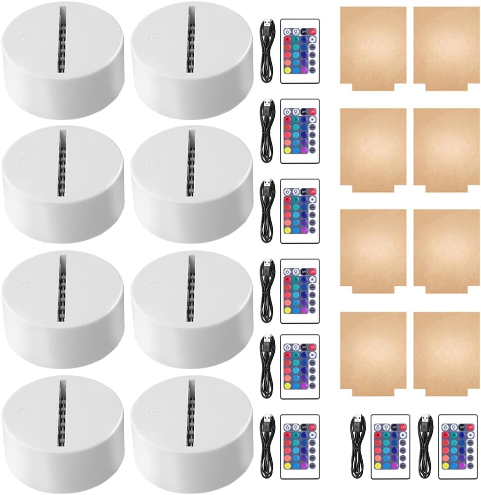 8-Set 3D Night LED Light Lamp Base with Blank Acrylic Sheet, Large Size Base Includes Remote Control + USB Cable, 16 Colors Decoration Maison Decorative Lights for Bedroom Child Room (White)