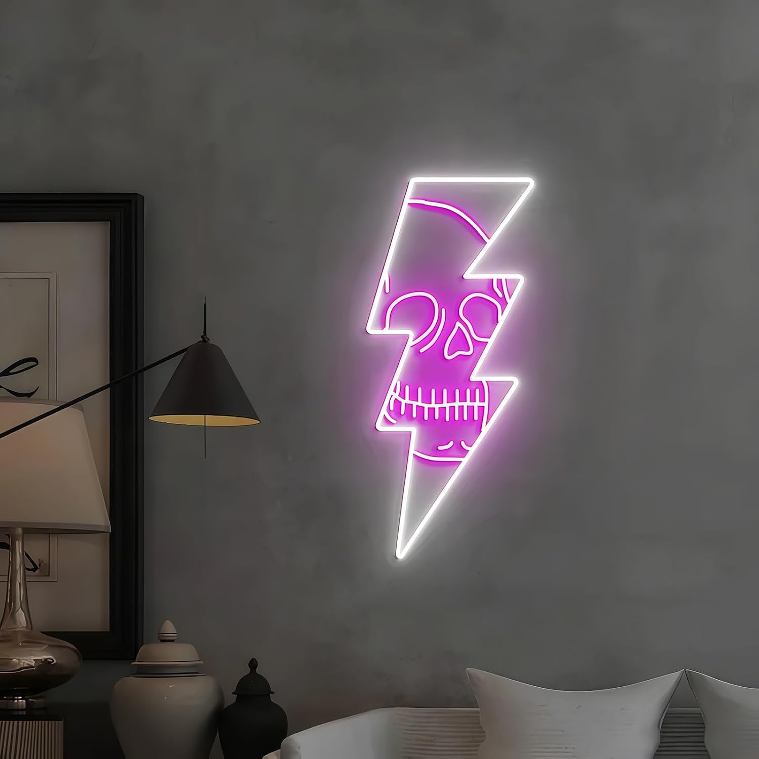 Custom Lightning Skull Neon Sign, Gothic Neon light for Wall Decor Dimmable USB-Powered, Lightning Skull LED Light for Halloween Bedroom Living Room Man Cave Bar Party 9.1″ × 20″