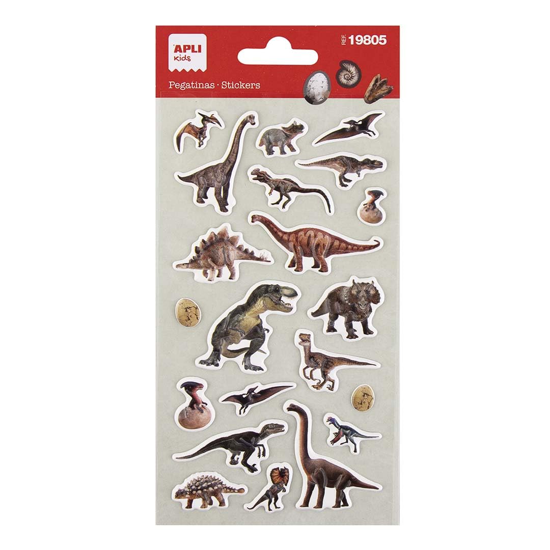 APLI Kids 19805 - Pegatinas Dinosaurios realistas, 1hoja con 21 stickers con relieve, Ideales para Scrapbooking, decoración o DIY