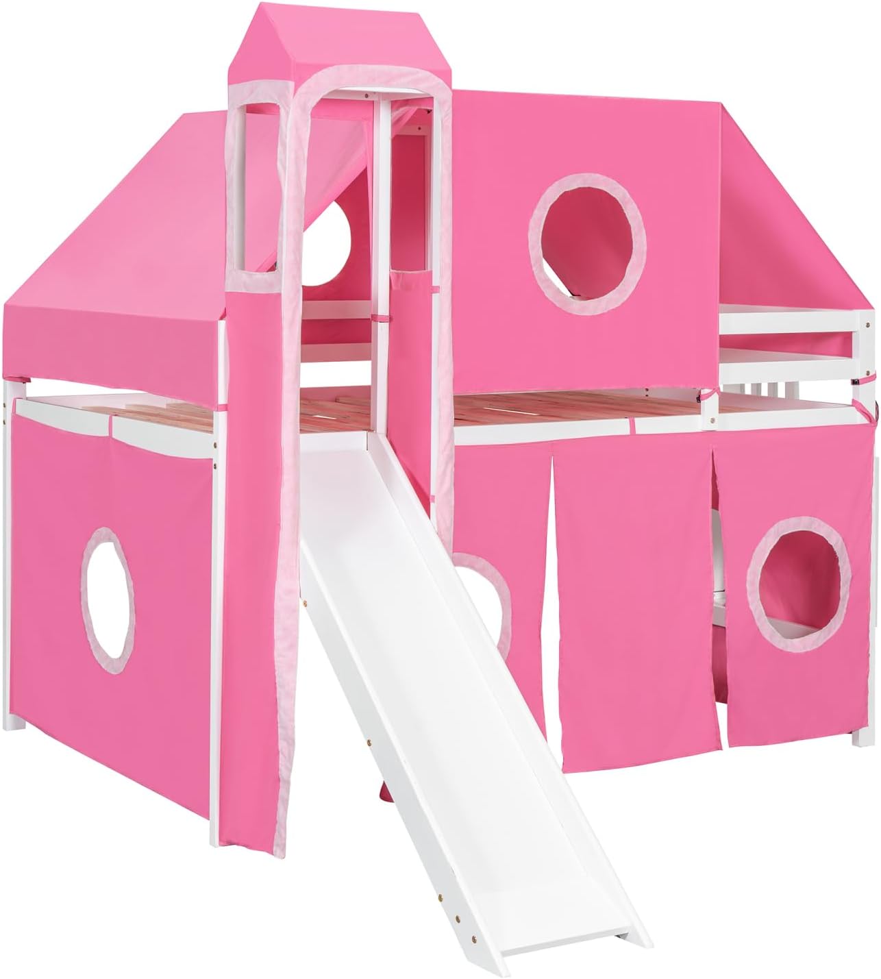 Full Size Loft Bed with Tent and Tower - Pink - Solid Wood - Playhouse Inspired - Kids Bedroom Fun