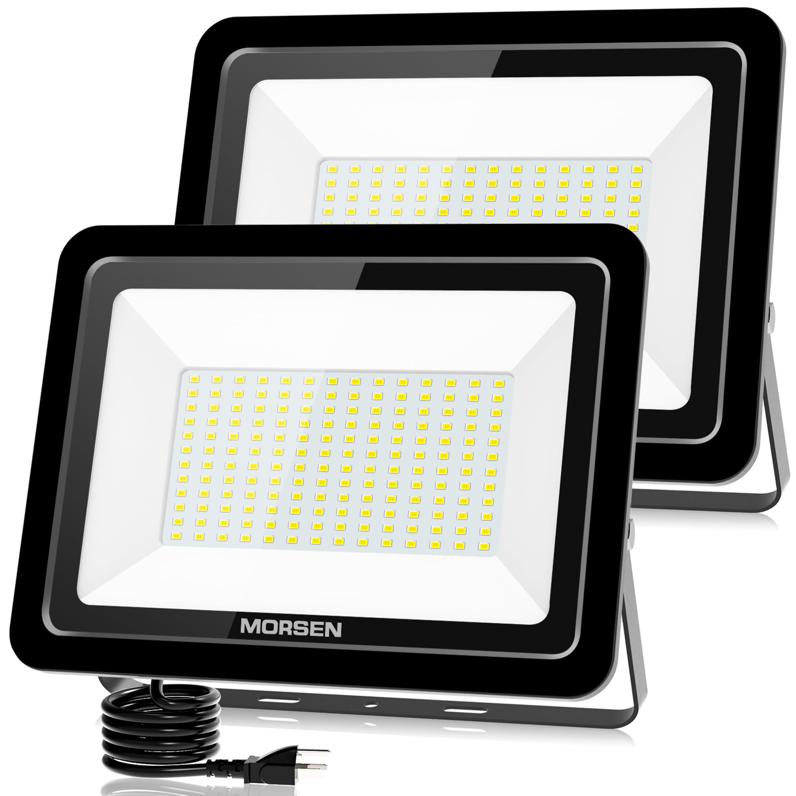 MORSEN 200W Flood Light Outdoor Plug in - 20000LM 5000K LED Flood Light, IP66 Waterproof, UL Listed Daylight Security Lights for Garden, Yard, Garage, Stadium, 2 Pack
