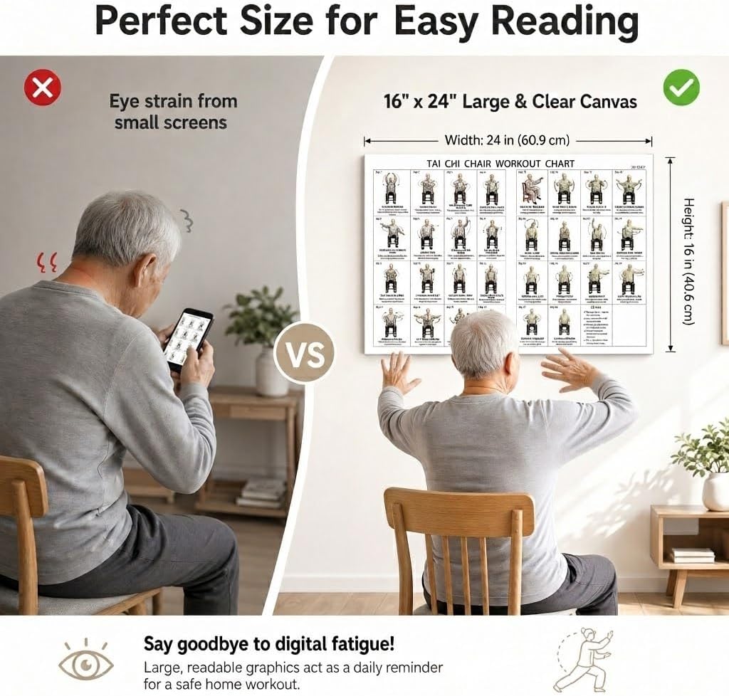 GETKIVA Tai Chi Chair Workout Chart for Seniors Matte Canvas 16x24in | Exercise Chart, 30 Clear Movements, Gentle Seated Exercise, Rolled Waterproof Canvas Poster, for Home Office Study