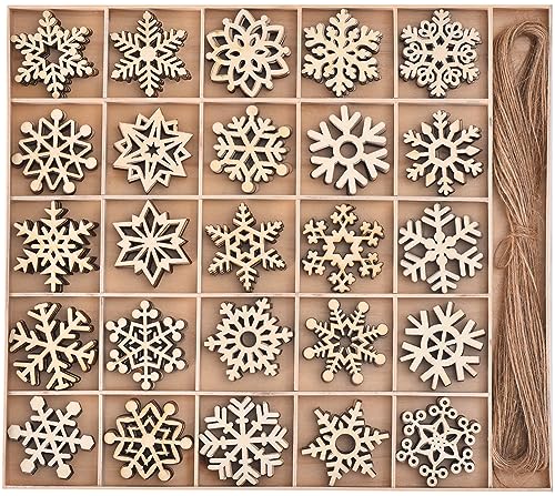 Ovootok 100 PCS Snowflake Ornaments for Christmas Decoration, Wooden Cutouts Ornament for Hanging Embellishments and Craft DIY, Rustic Farmhouse Holiday Decor with Strings (100)