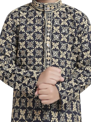 Image of TinySteps Boys' Ethnic Wear - Cotton Lakhnavi Chikan Kurta with Golden Sequence Work and Elastic Waist White Cotton Pajama - Festive & Wedding Outfit
