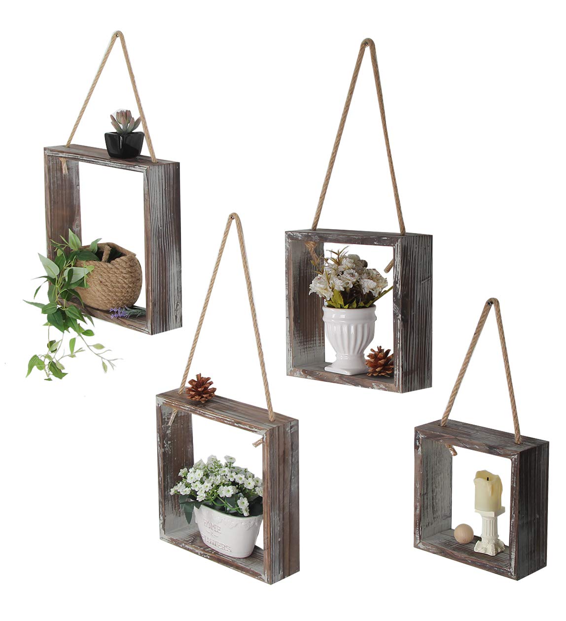 J JACKCUBE DESIGN Wall Decor Floating Hanging Square Shelves Wall Mounted Rustic Wood Cube Display Shelf Shadow Boxes Decorative Boho Home Décor for Living Room, Bedroom, Office, Set of 4 - MK571A