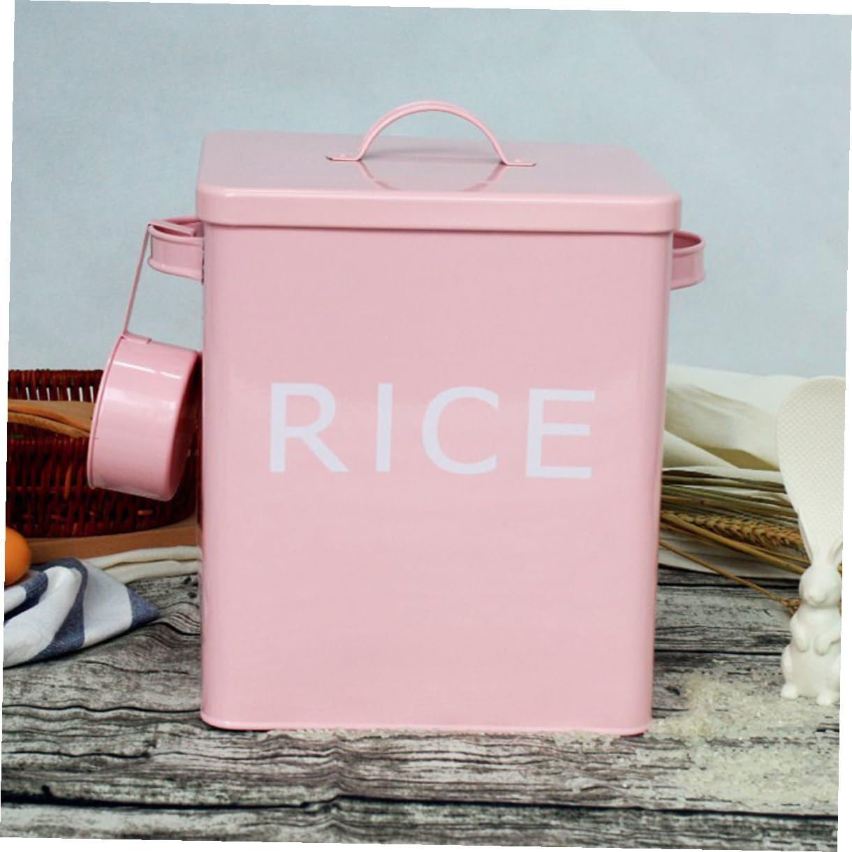 Iron Pet Food Barrel with Lid Sealed Pet Food Storage Bucket with Measuring Cup for Household Use Pink