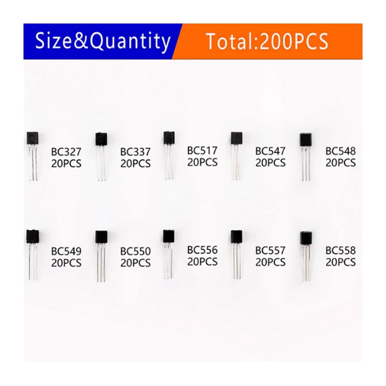 200PCS TO-92 Series Transistor Set 20pcs of each of 10 sizes BC327 BC337 BC517 BC547 BC548 BC549 BC550 BC556 BC557 BC558(24Values-480pcs)