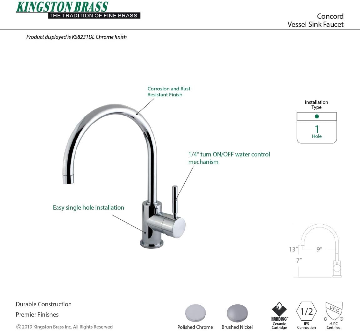 Exclusive Special Kingston Brass KS8231DL Concord Vessel Sink Faucet without Pop-Up and Plate, 8-1/2, Polished Chrome
