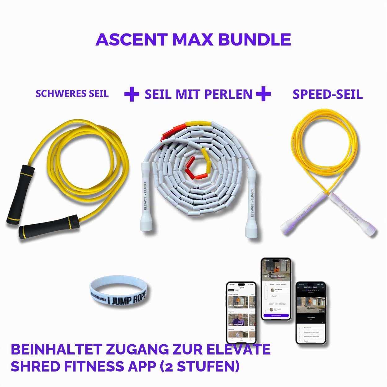 Professionelles Springseil Set Mit Workout App - Elevate Rope - 3 x Verstellbares Jump Rope - Springseile für Erwachsene - Geschwindigkeit, Perlen, Heavy Rope - Cardio, Power & Tricks - Indoor &