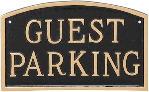 Montague Metal Products Letrero de placa de estacionamiento de invitados de 10 x 15 pulgadas con estaca de césped de 23 pulgadas, negrodorado