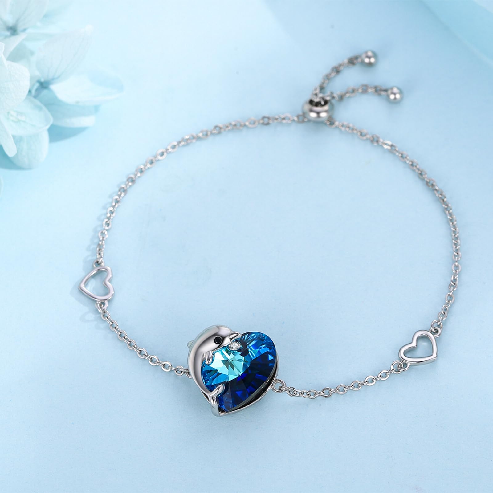 REDSUN Pulsera con colgante de delfín S925, plata de ley 925, pulseras con forma de delfín, diseño de corazón azul, cristal ajustable, para mujer, niña, esposa, novia, Navidad, regalo de cumpleaños