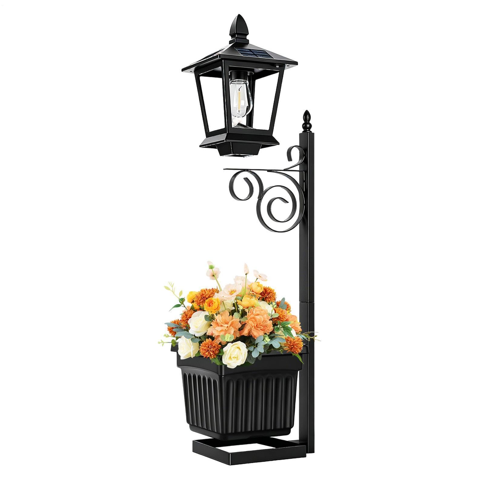 Solar Post Light - 2 in 1 Outdoor Solar Lantern with Flower Pot, Decorative Garden Lanterns for Patio Porch Backyard Lawn Deck Balcony Pathway Apartment, Waterproof LED Lighting for Night Use