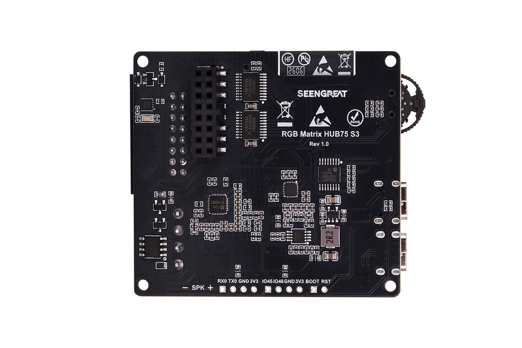 HUB75 płyta kontrolera matrycy RGB z microSD, audio i RTC | Programowalny kontroler matrycowy LED z dwoma portami HUB75, zasilaniem typu C, wejście/wyjściem audio