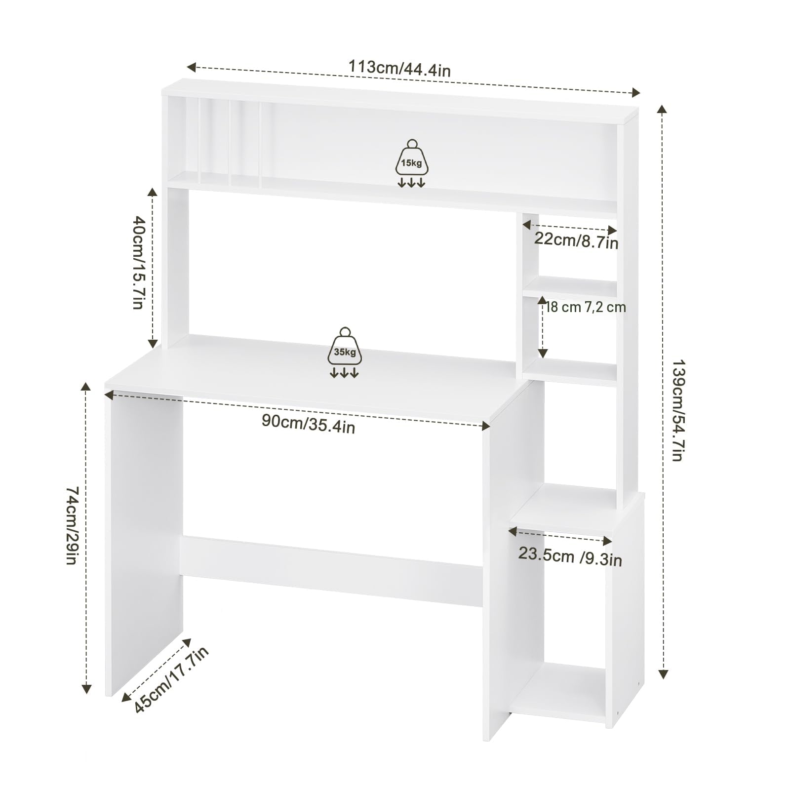 eSituro Tavolo per Computer con Libreria, Scrivania con 5 Ripiani, Scrivania per Bambini, Camera da Letto, Ufficio, Bianco, 113,5x45x139 cm