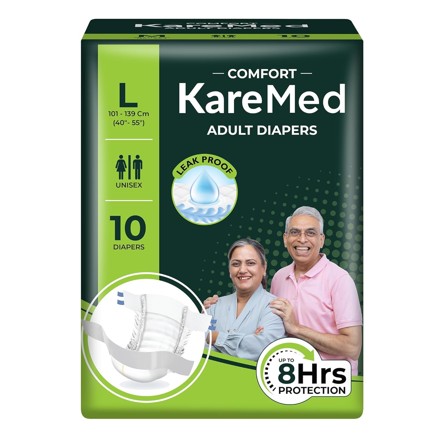 KareMed Comfort Adult Diaper Tape Style, Unisex, Wasit Size 101-139 CM (40"-55") Pack of 1 (10 Counts)
