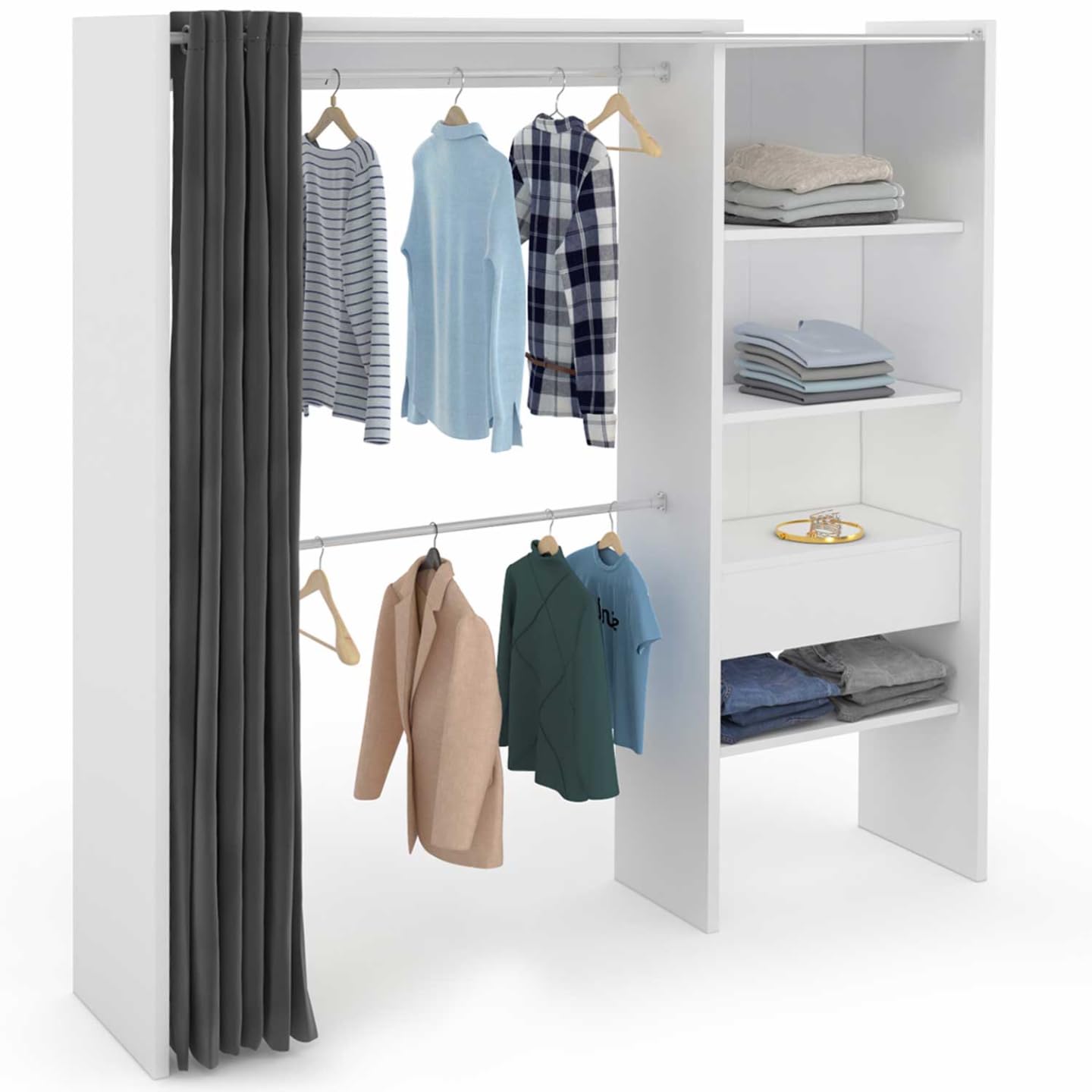 IDMarket - Dressing Extensible Marty 120/​170 x 50 x 180 cm Blanc avec étagères + Double penderie + Rideau Gris