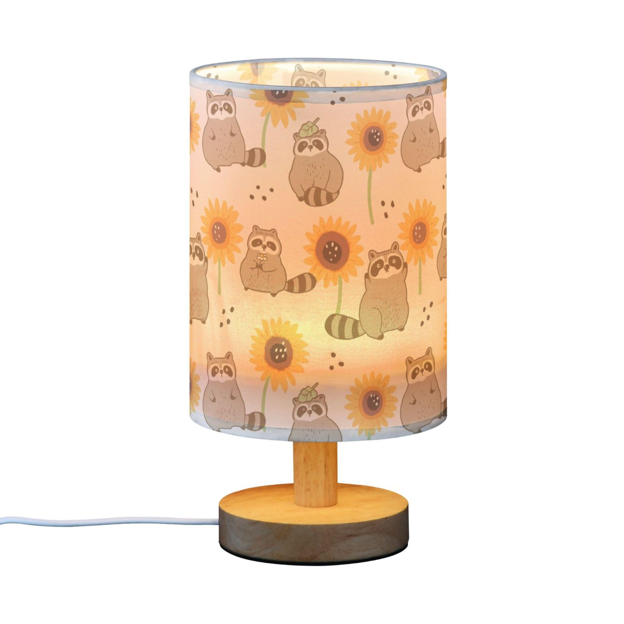 YYZZH Table Lamp Cartoon Raccoons and Sunflower Pattern Nightstand Lamp with Wood Base Fabric Lamp Shade Bedside Desk Lamp for Living Room Bedroom Kids Room Office