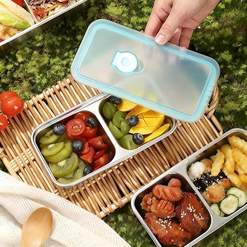 4 Pack Stainless Steel Snack Containers with Lids, 2-Compartment Reusable Food Storage Meal Prep Containers for Kids & Adults Lunch Boxes, School, Office, Travel, Camping