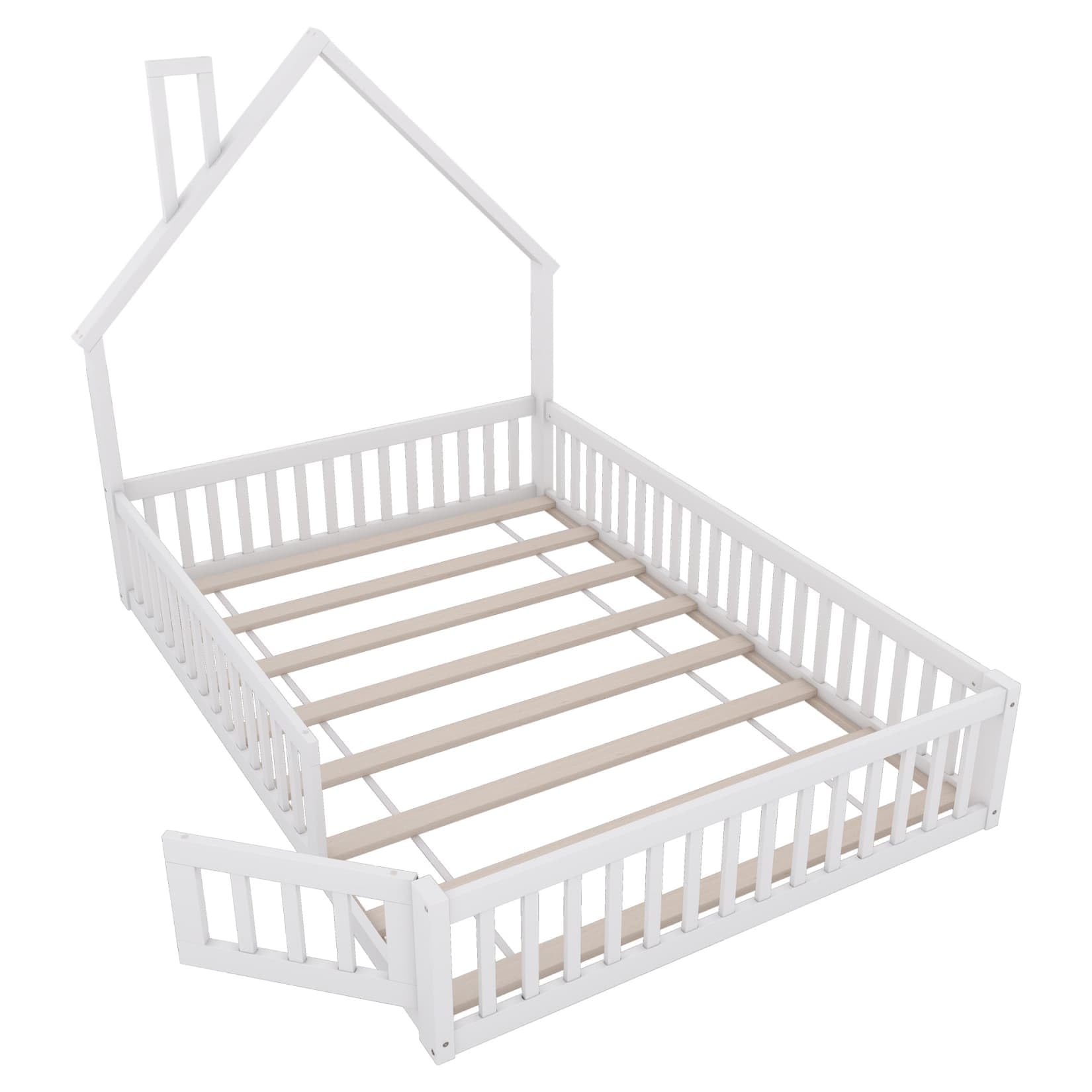 Lit Au Sol Enfant,Lit Cabane Enfant 140x200 avec Sommier à Lattes Solide,Porte,Barrière de lit,pour Enfants,Pin (Blanc, 140x200)