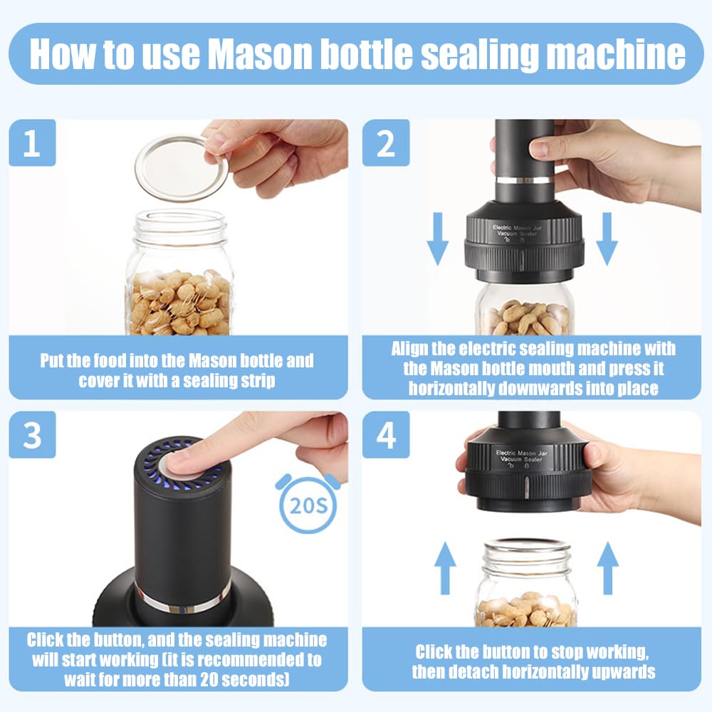 Kit de scellage sous vide pour bocal Mason électrique sans fil pour bocaux Mason à large ouverture et à ouverture normale, scellant de bocaux Mason avec 8 couvercles avec affichage LED, durée Kit de scellage sous vide pour bocal Mason électrique sans fil pour bocaux Mason à large ouverture et à ouverture normale, scellant de bocaux Mason avec 8 couvercles avec affichage LED, durée