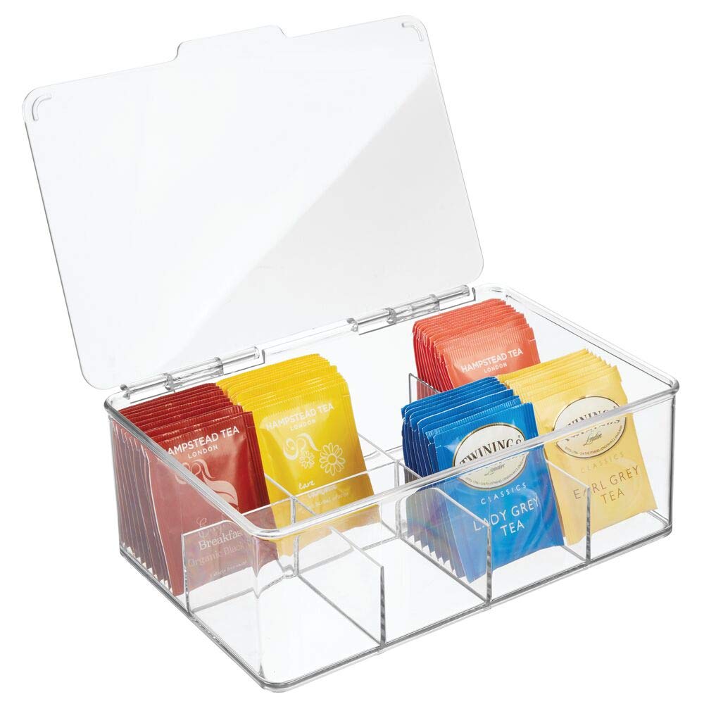 mDesign Plastic Tea Bag Divided Storage Organizer Container Box With Hinge Lid For Kitchen Cabinet, Countertop, Pantry, Hold Coffee Pods, Seasoning Packets, Condiments, 8 Sections, Clear