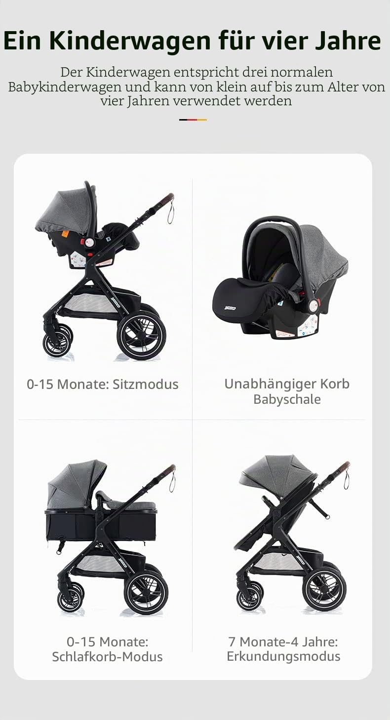YAZOCO kinderwagen, kinderwagen 3 in 1 Kombikinderwagen reisesysteme mit Moskitonetz Regenschutz Fußsack, Zusammenklappen, Liegeposition