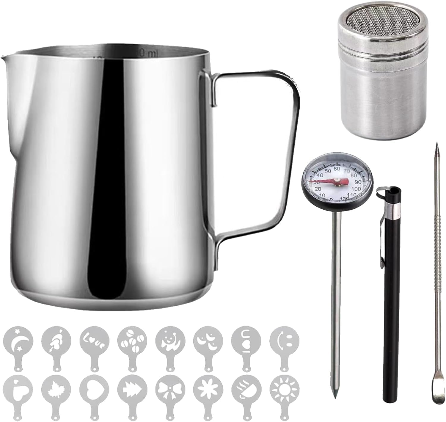 Milk Jug 600ml/21oz, Milk Frother Frothing Jug Stainless Steel with Thermometer Powder Shaker Coffee Art Pen,16pcs Coffee Stencils for Making Latte Cappuccino