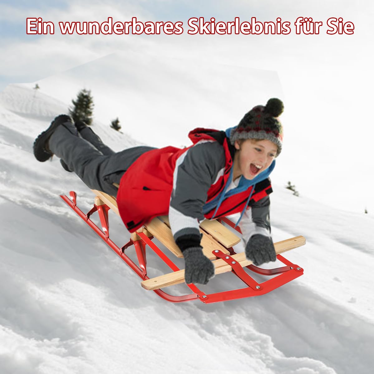 GOPLUS Davoser - Trineo de madera con patines de metal, soporta hasta 150 kg, 137 cm de largo, con asiento y manillar para niños y adultos, color rojo y natural