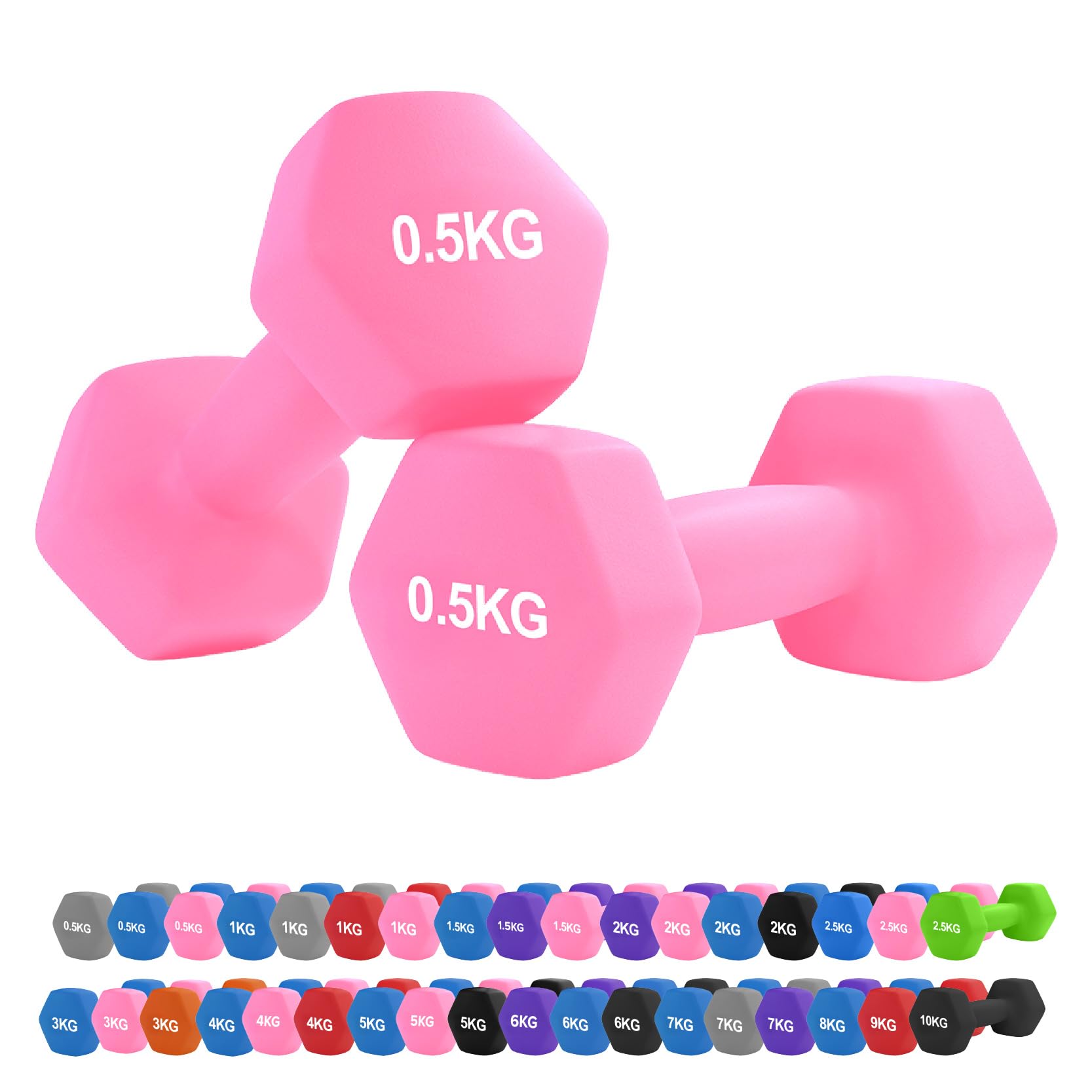 Neoprene Hex Dumbbell Set 0.5–10kg – Non-Slip Comfort Grip Hand Weights for Home Gym, Strength Training, Full-Body Workouts, HIIT, CrossFit, Pilates (0.5Kg Pair-Pink)