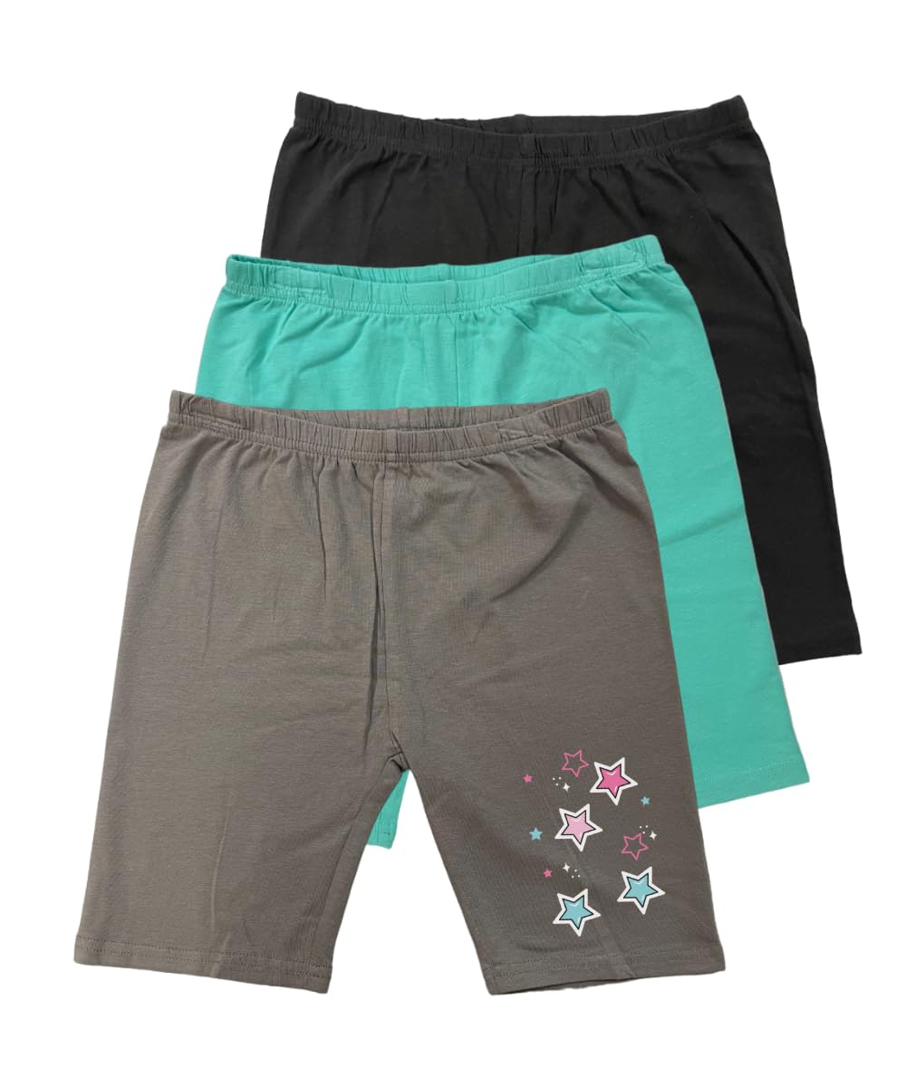 MISS POPULAR 3-Pack Girls Biker Shorts Soft Comfortable Cotton Spandex Elastic Waistband Cute Designs Sizes 4-16