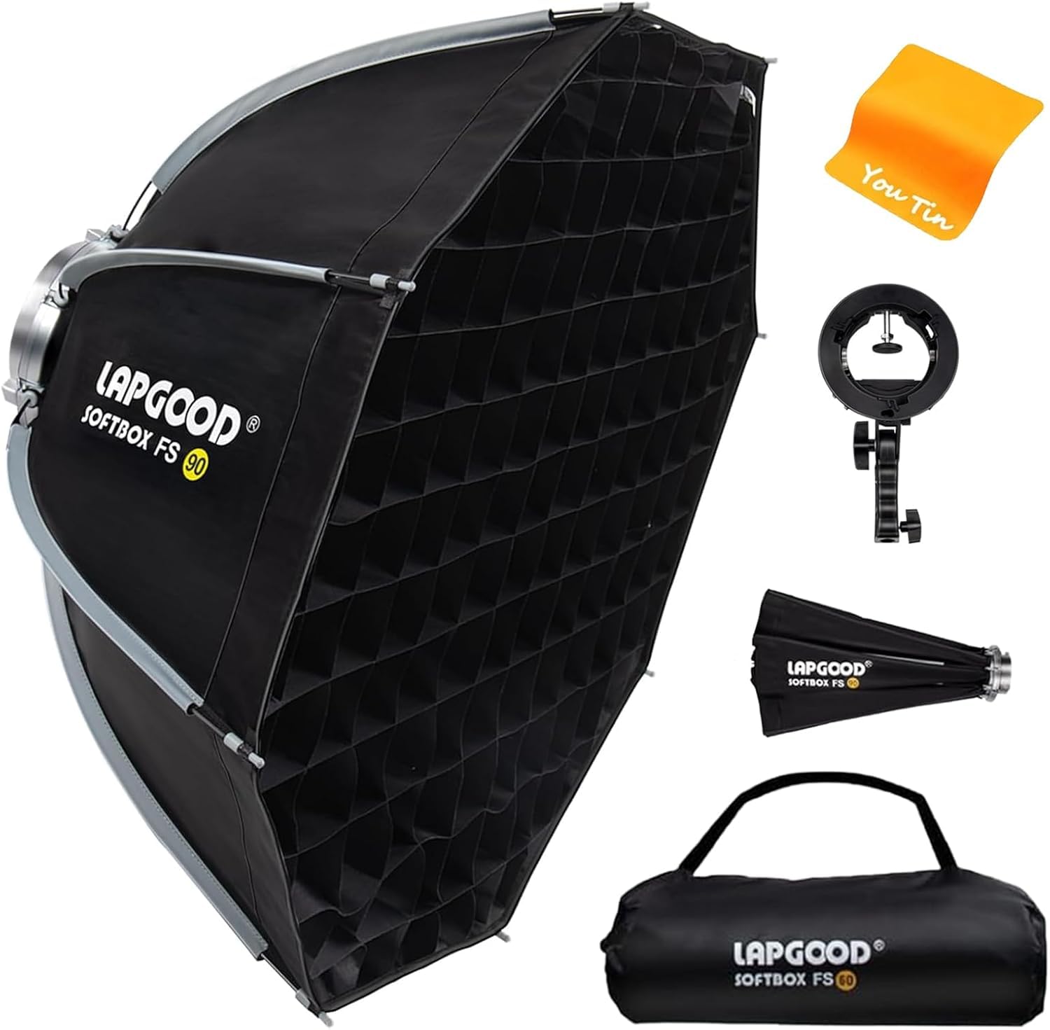 FS90 Softbox 90 cm Softbox, Caja de Luz Plegable de Liberación Rápida con Rejilla de Panal, Soporte de Flash Tipo S, Soporte Bowens y Bolsa de Transporte, Caja Suave para Estudio