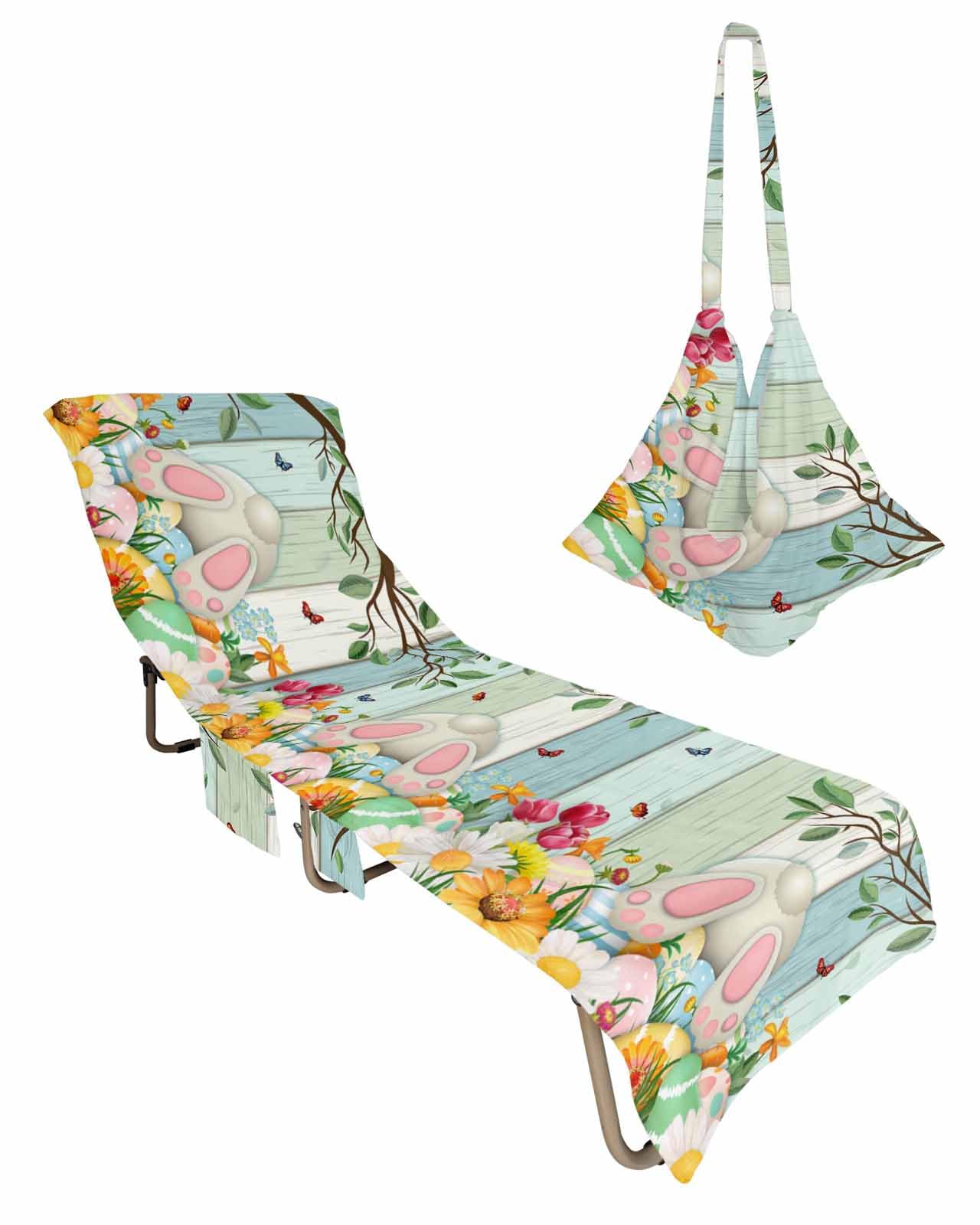 Flower Bunny Butt Beach Chair Towel Covers for Chaise Lounge With Side Pocket, Soft Plush Pool Towels Cover for Patio Sunbathing Outdoor 29''x85'' Easter Eggs Leaves Farmhouse Woodgrain