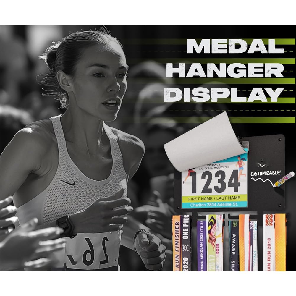 Soporte para Medallas y Fotos para Corredores de Maratón, 36 Medallas y 80 Dorsales