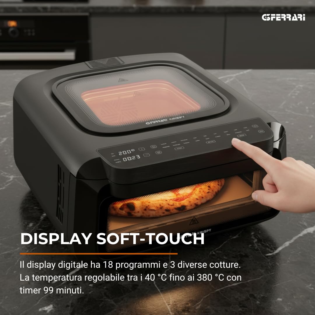 G3 Ferrari G10225 Krispy Forno Pizza e Friggitrice ad Aria, Multifunzione, 2100W, 13 Litri, Tecnologia HOBLO, Display Soft-Touch con 18 programmi, Fino a 380°C, Acccessori inclusi, Nero