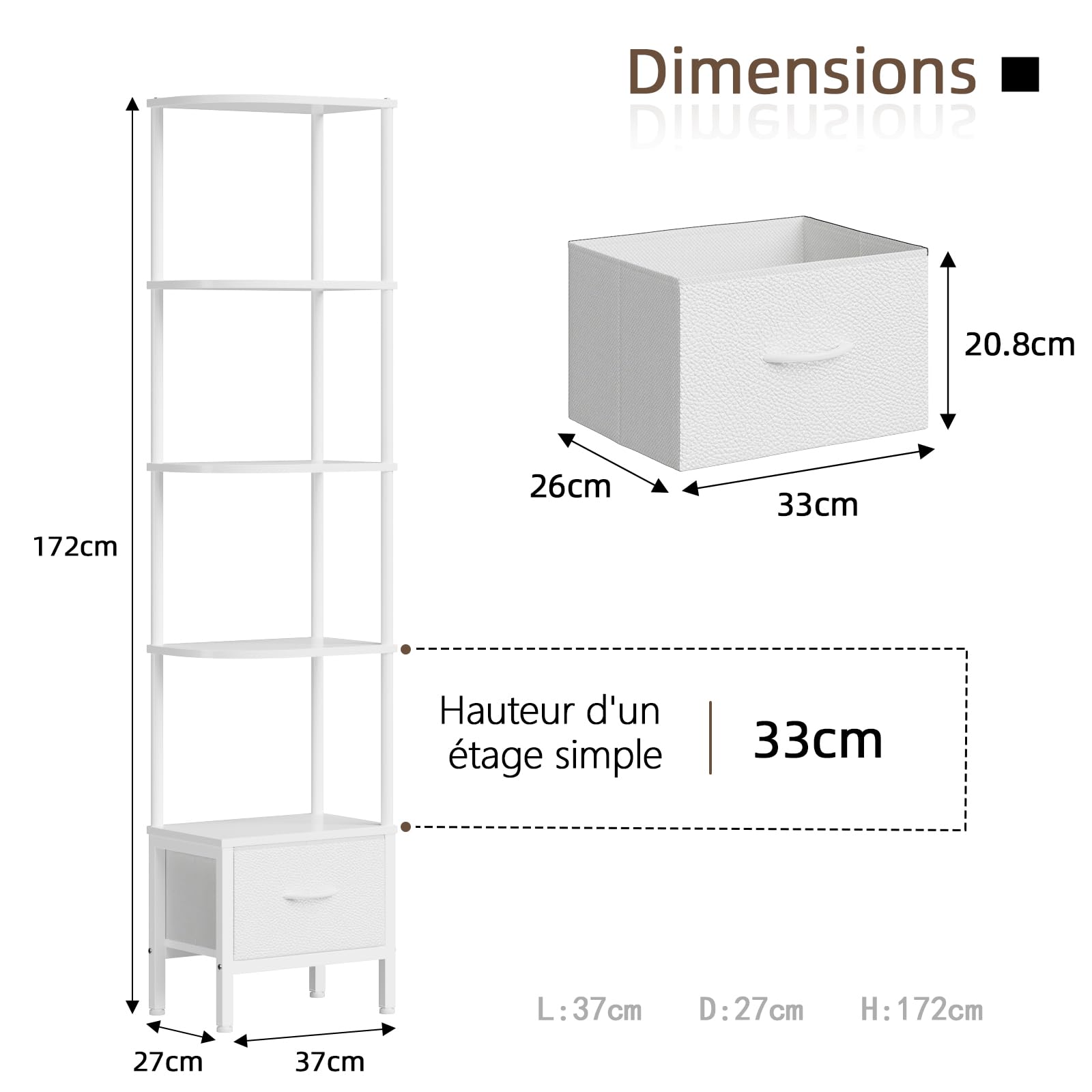 Étagère d'angle 5 Niveaux avec LED et tiroir, Blanc | LED pilotable par APP, montage facile, gain de place, 27×37 cm, étagère étroite, rangement & présentation