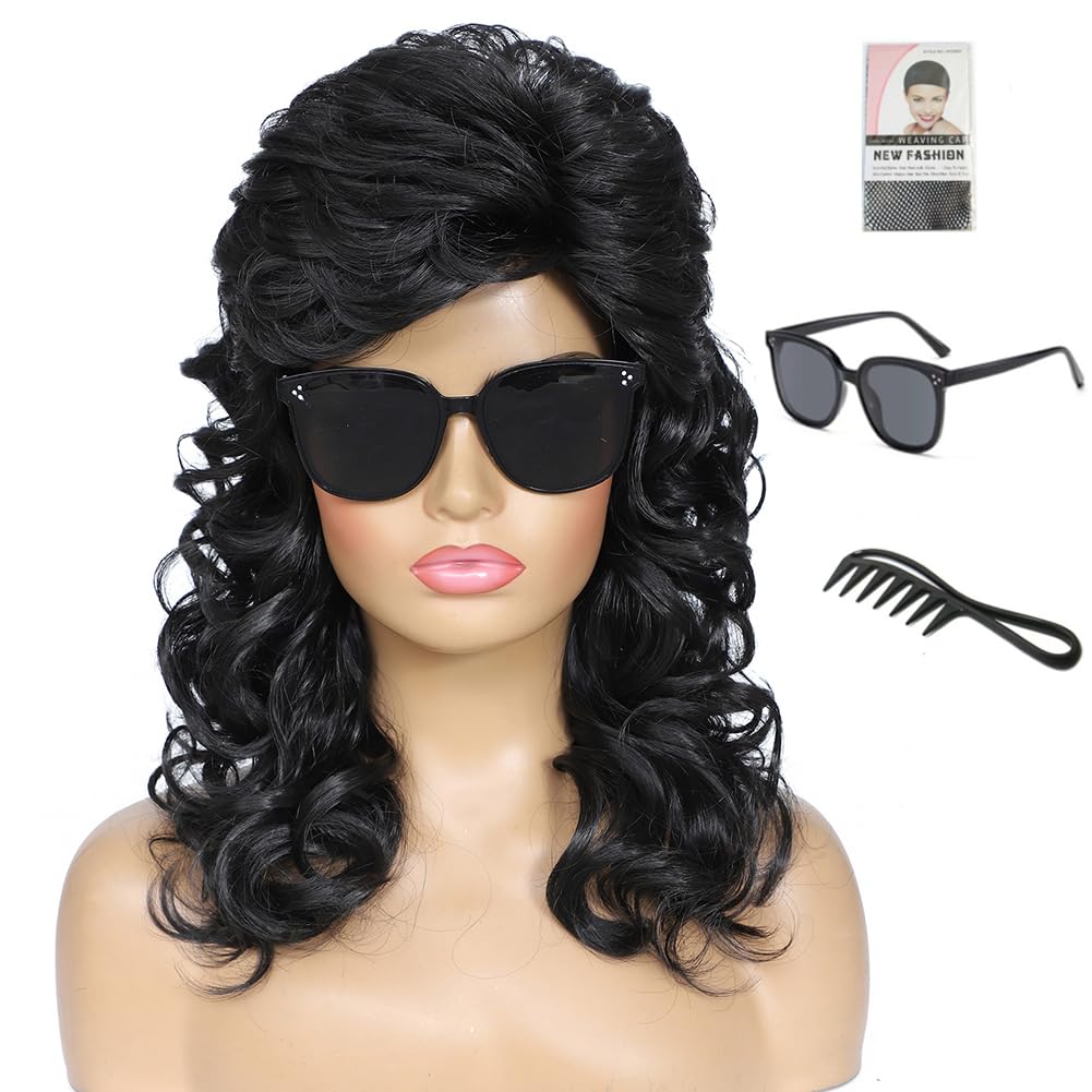 Mullet Wigs for Women Curly Shoulder Length Fluffy Hair 70s 80s Rocker Party Cosplay Synthetic Wigs (Blonde Mix Black)