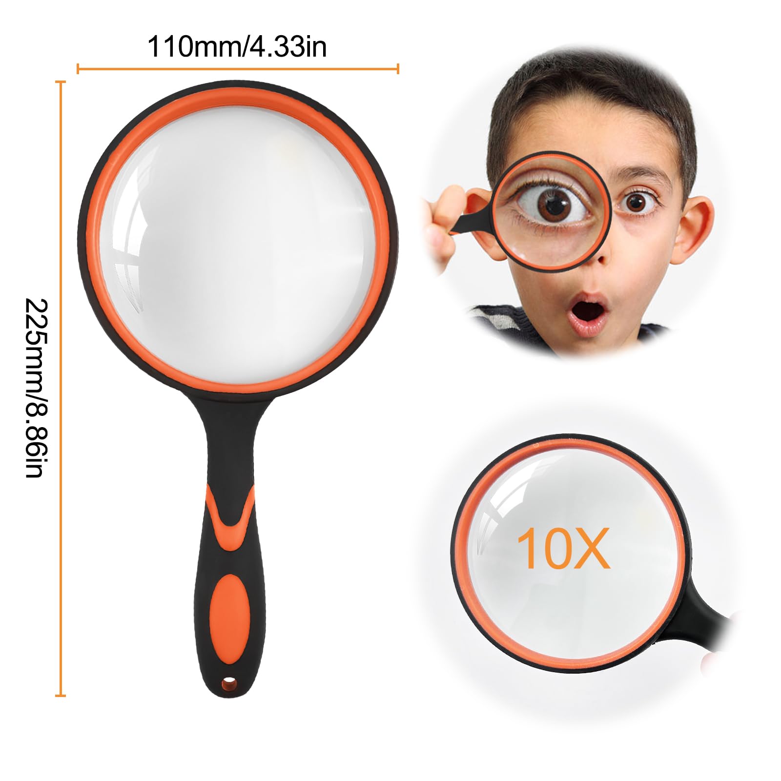 Fousenuk Lupa de Mano 100mm, Lupas de Gran Aumento con Mango de Goma Antideslizante, Inastillable Lente de Aumento para Personas Mayores, Niños, Lectura, Manualidades, Libros, Insectos, Inspección