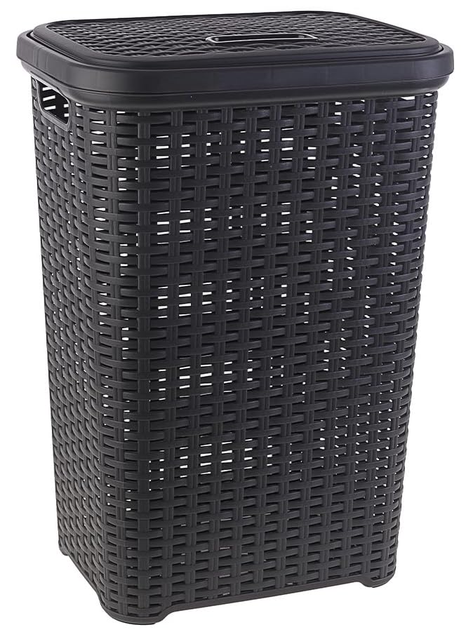 60L Large Dark Grey Rattan Effect Laundry Basket with Lid – Heavy Duty Plastic Clothes Storage Hamper Bin – Tall Washing Basket for Bedroom, Bathroom or Utility Room – 42.5 x 34.5 x 61cm