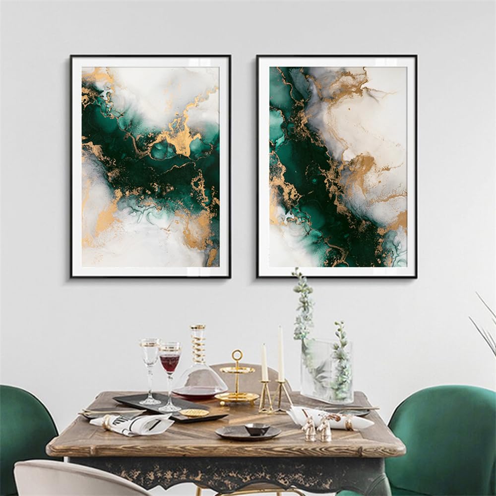 Conjunto de 3-Pósteres Nórdicos Abstractos de Mármol Verde y Dorado para Pared Arte Estético Lienzo Impreso Sala de Estar Cocina Oficina Dormitorio Decoración del Hogar-60 * 80cm (Sin marco)