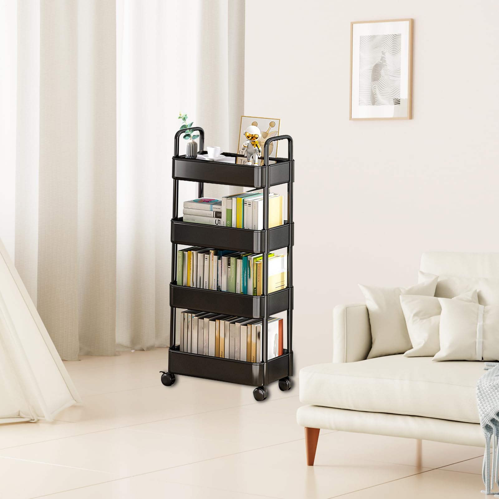 Organizador de almacenamiento para libros, estante con ruedas y ganchos, para aperitivos a 3/4 niveles, organizador de almacenamiento móvil para la organización de la m
