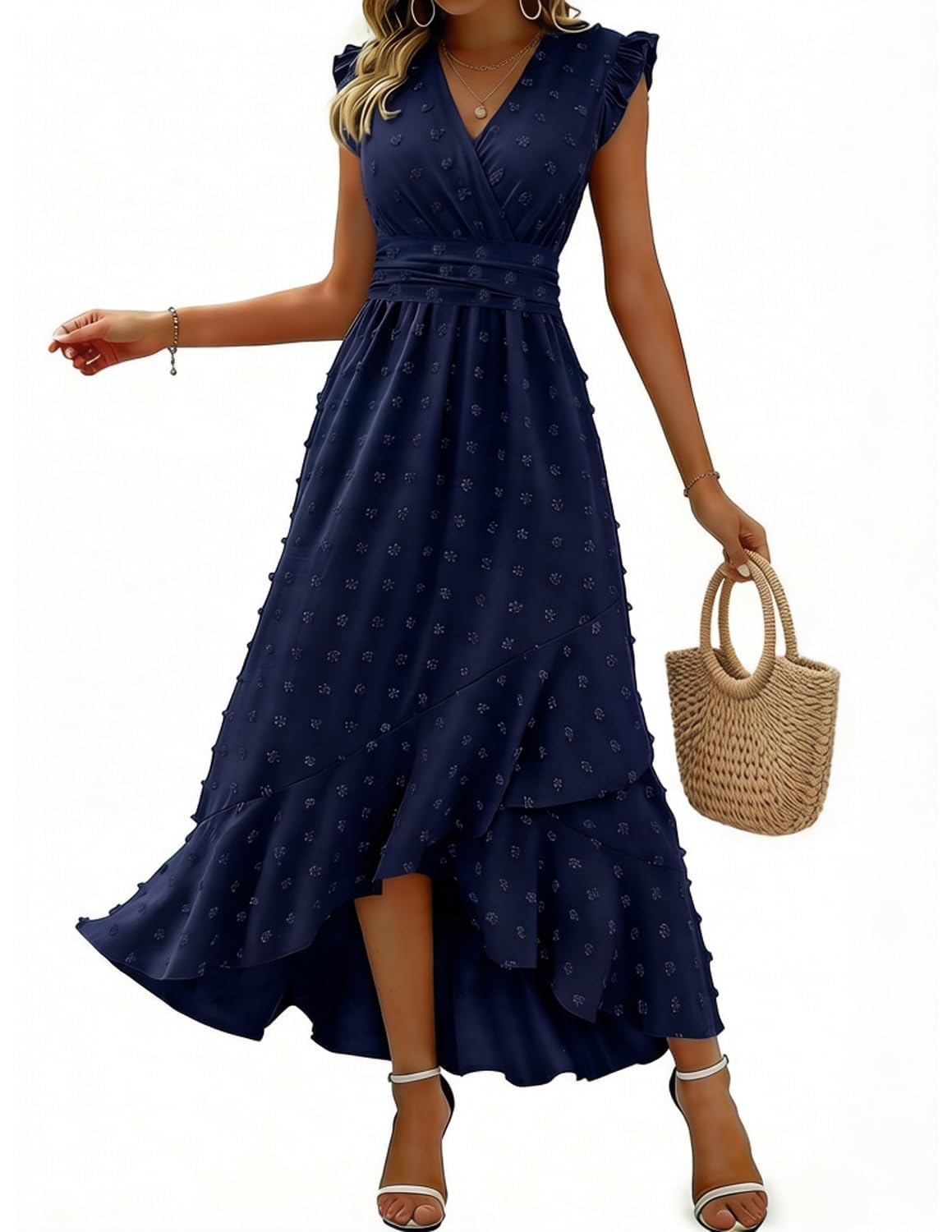 HUXRAKV Sommerkleid Damen Boho Kleid Lang 2026 Kleid Damen V-Ausschnitt Hohe Taille Rüschen Schlitz Für Strand Hochzeit Cocktail Party