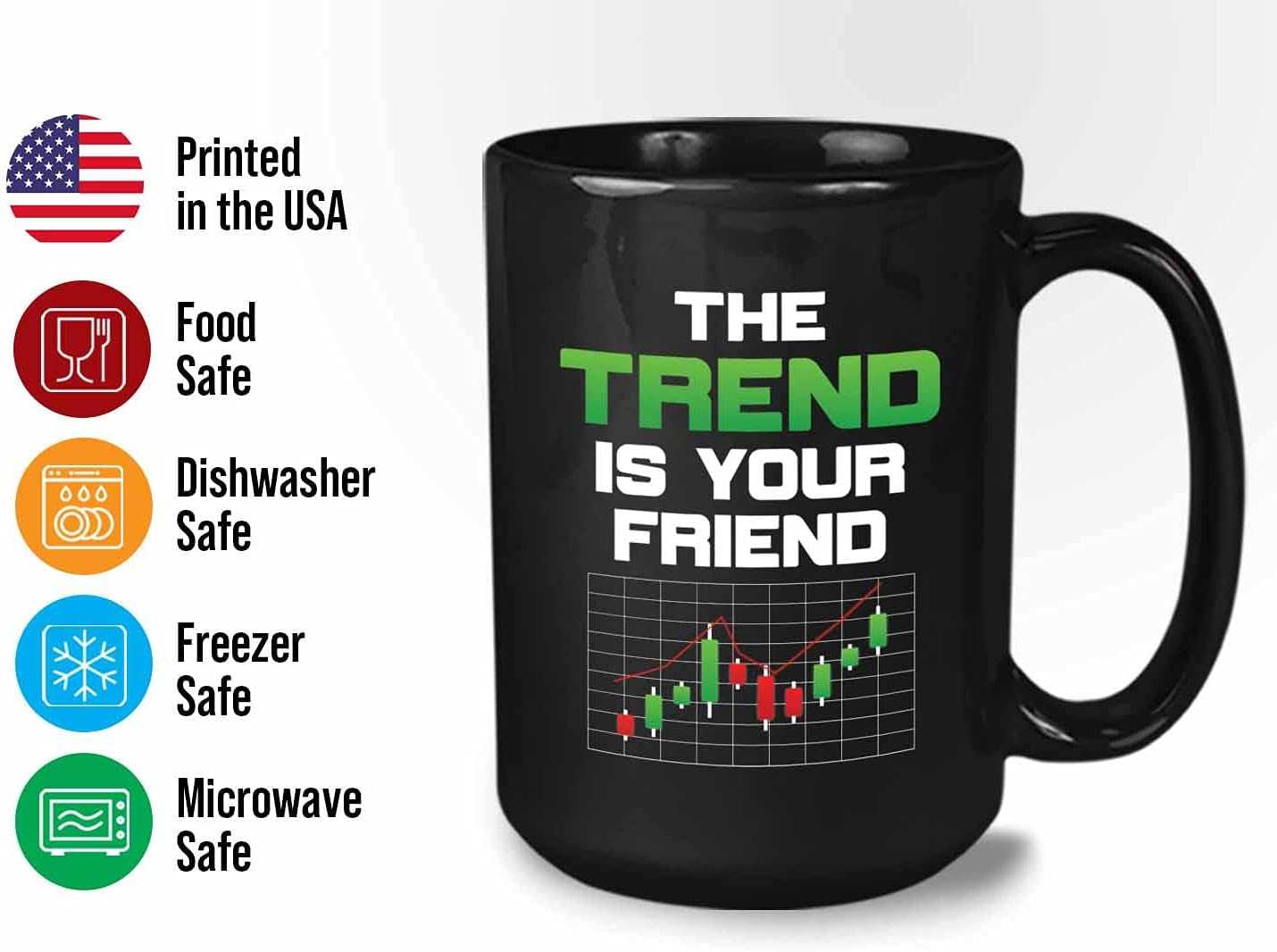 Bubble Hugs Stock Market Coffee Mug - The Trend Is Your Friend - Day Trader Brokers Financial Adviser Investor Saving Investing Trading Planner 15oz Black
