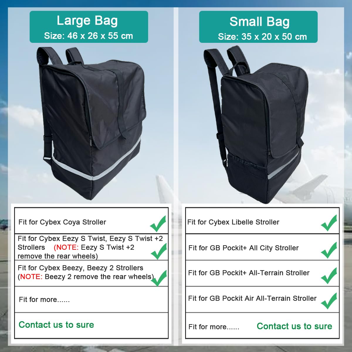 Borsa da viaggio pieghevole per passeggino compatibile con passeggini della serie Cybex (come Libelle, Coya, Beezy) - Dimensioni grandi e piccole - Tessuto resistente, Nero , Small Size (35*20*50CM)