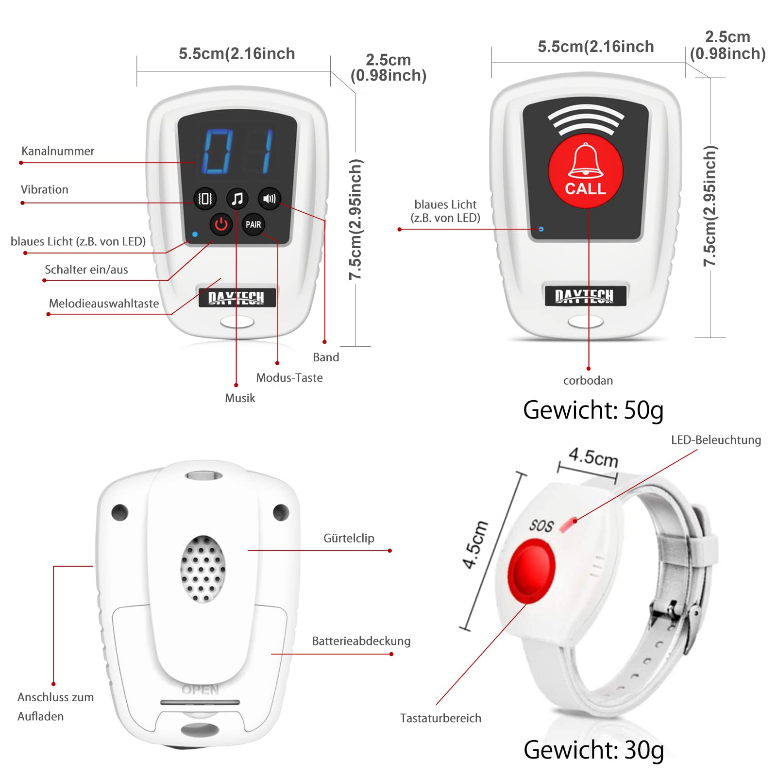 Daytech Notrufknopf für Senioren Notruf Armband Hausnotruf Notrufarmband,Wiederaufladbar, Alarm bei eingehenden Anrufen Für Ältere Und Schwangere Frauen,Patienten(1xempänger+2xsender)