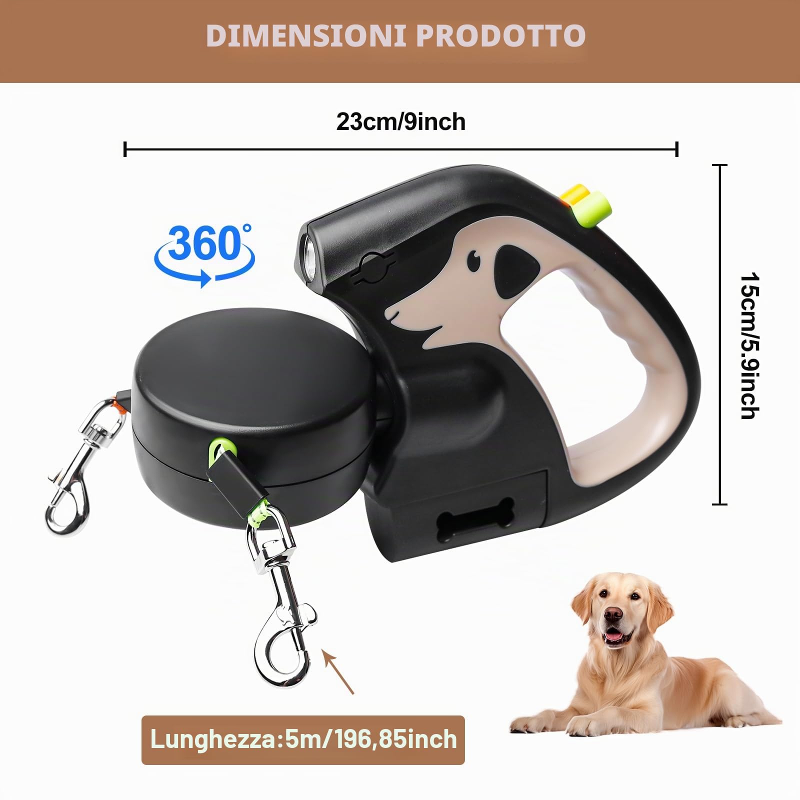 Guinzaglio Doppio Retrattile, Doppio Guinzaglio Per 2 Cani, Cani Con Luce, Guinzaglio Per Da 3 Metri 180° Per Allungabile Con Comoda Impugnatura Ergonomica(Marrone)