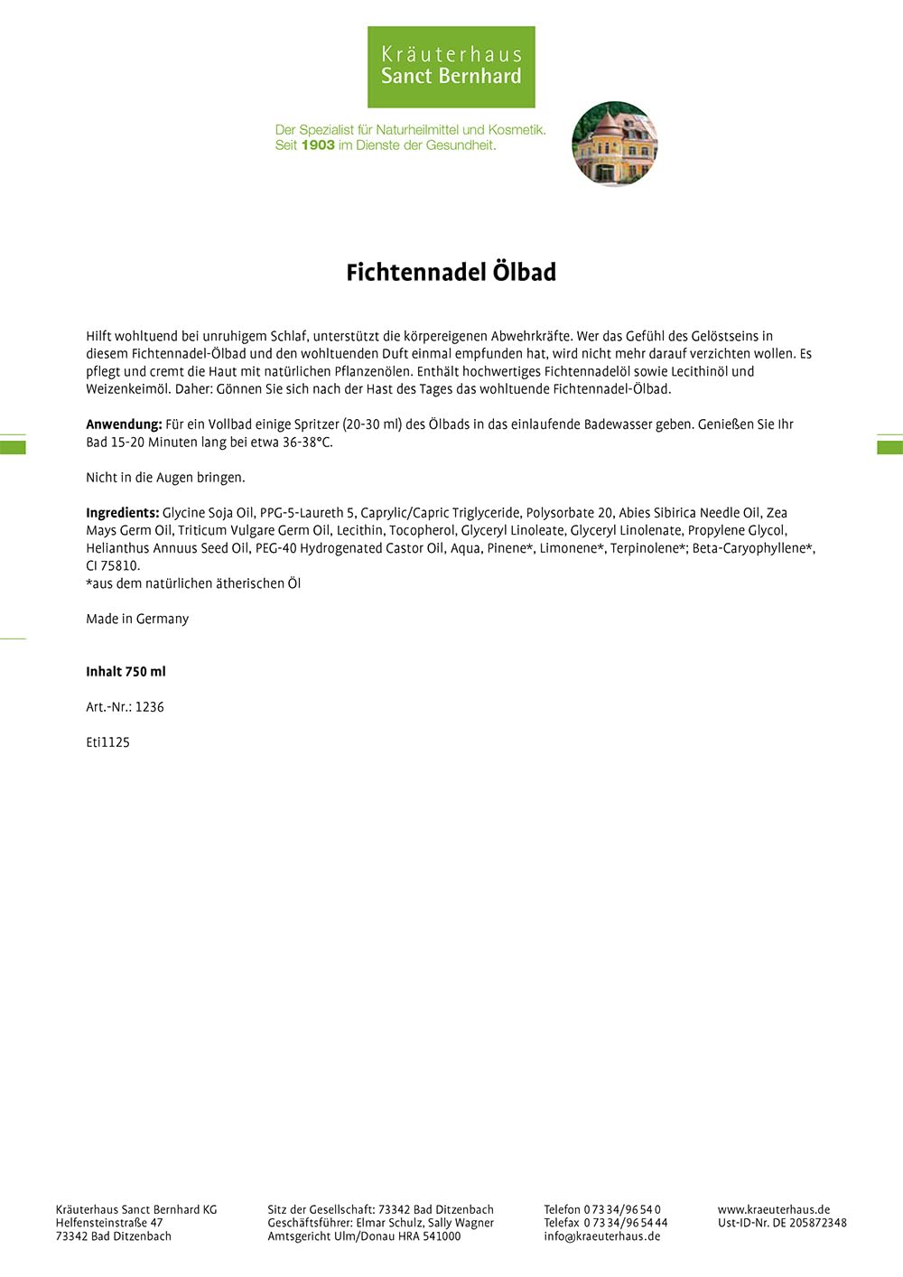 Sanct Bernhard Fichtennadel-Ölbad mit natürlichen Pflanzenölen 750 ml