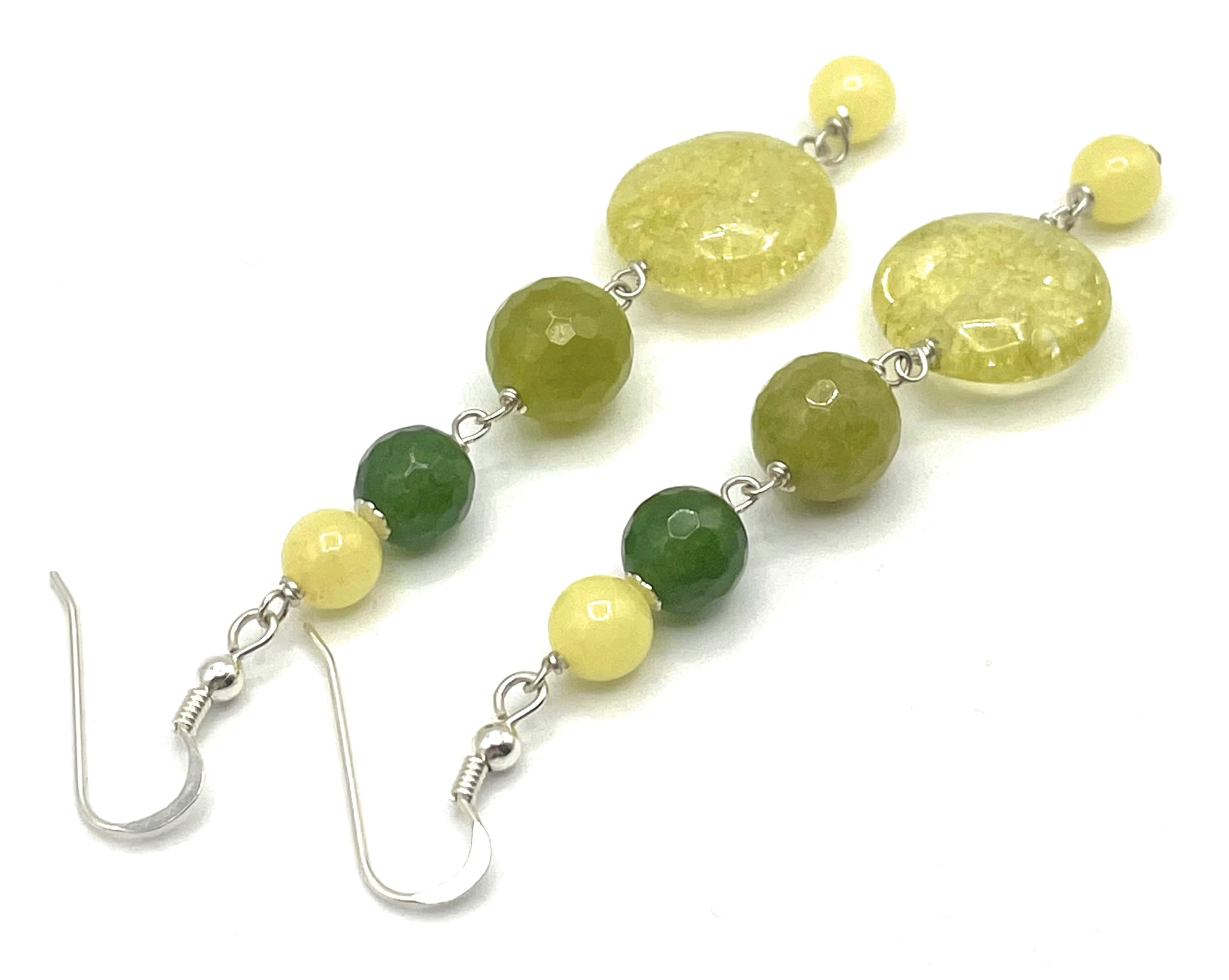 Orecchini Lunghi con Quarzo Giallo e Giada Verde, Pendenti in Argento 925, Gioielli Pietre Dure Naturali, Regalo per Lei, Bijoux Boho